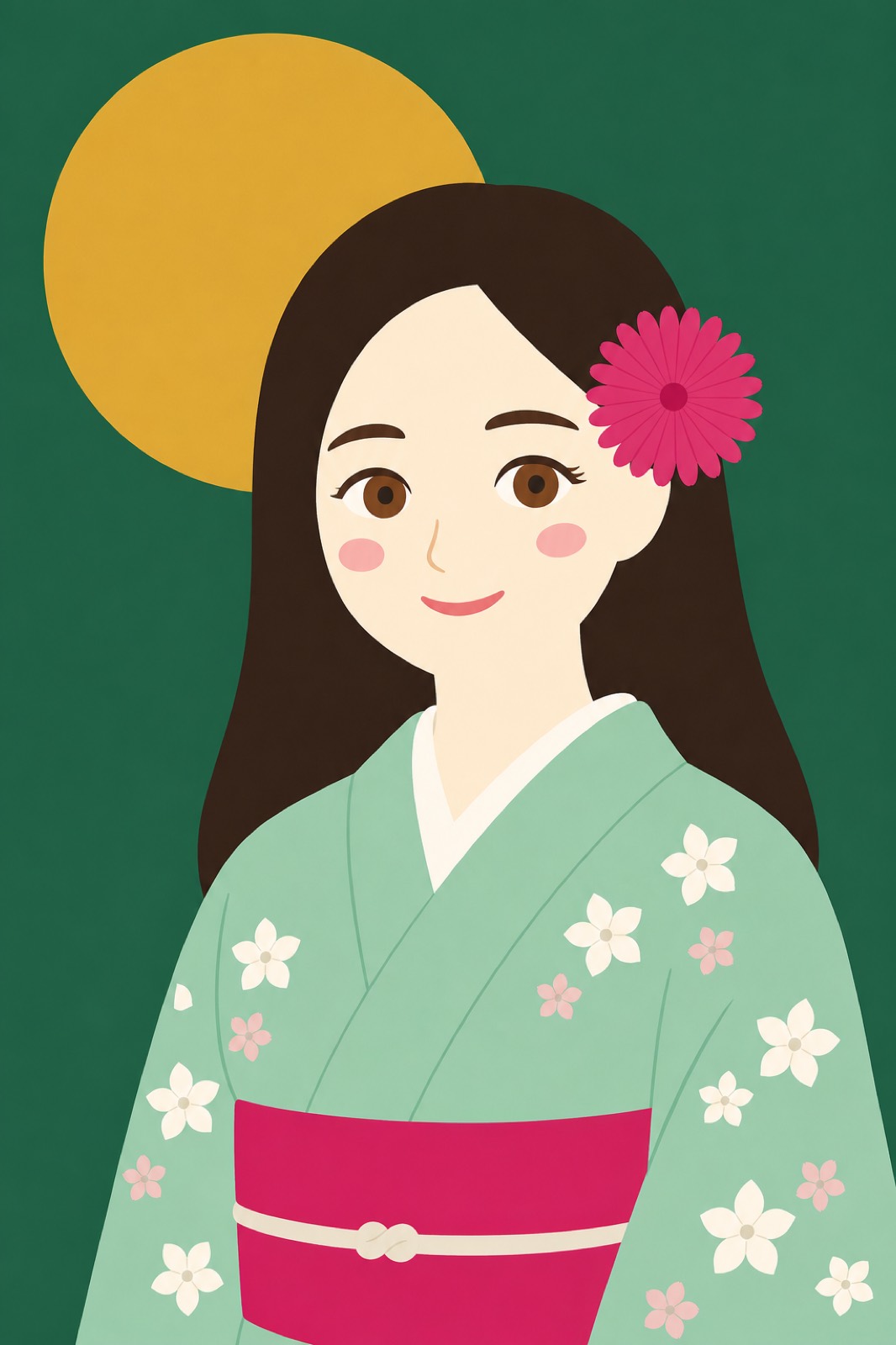 金の丸い月を背に、こちらを見つめる緑の着物の女性のイラスト