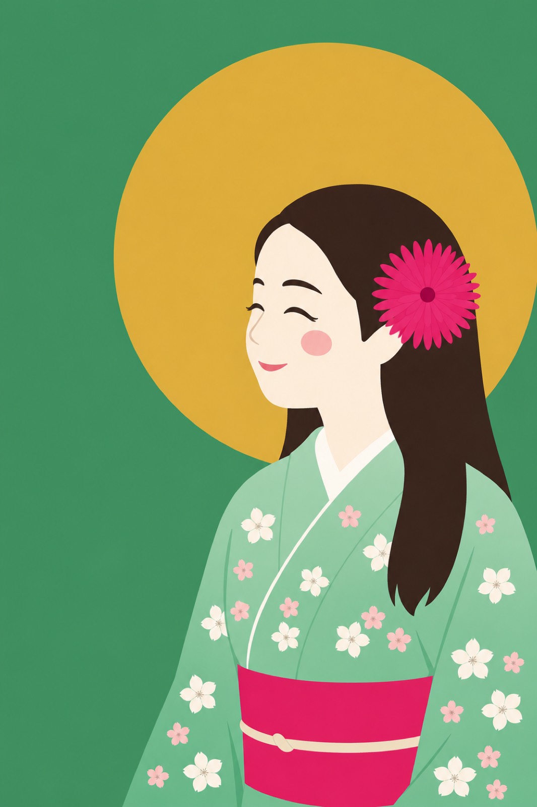 金の円を背に、目を細めて微笑む緑の着物の女性の横顔のイラスト