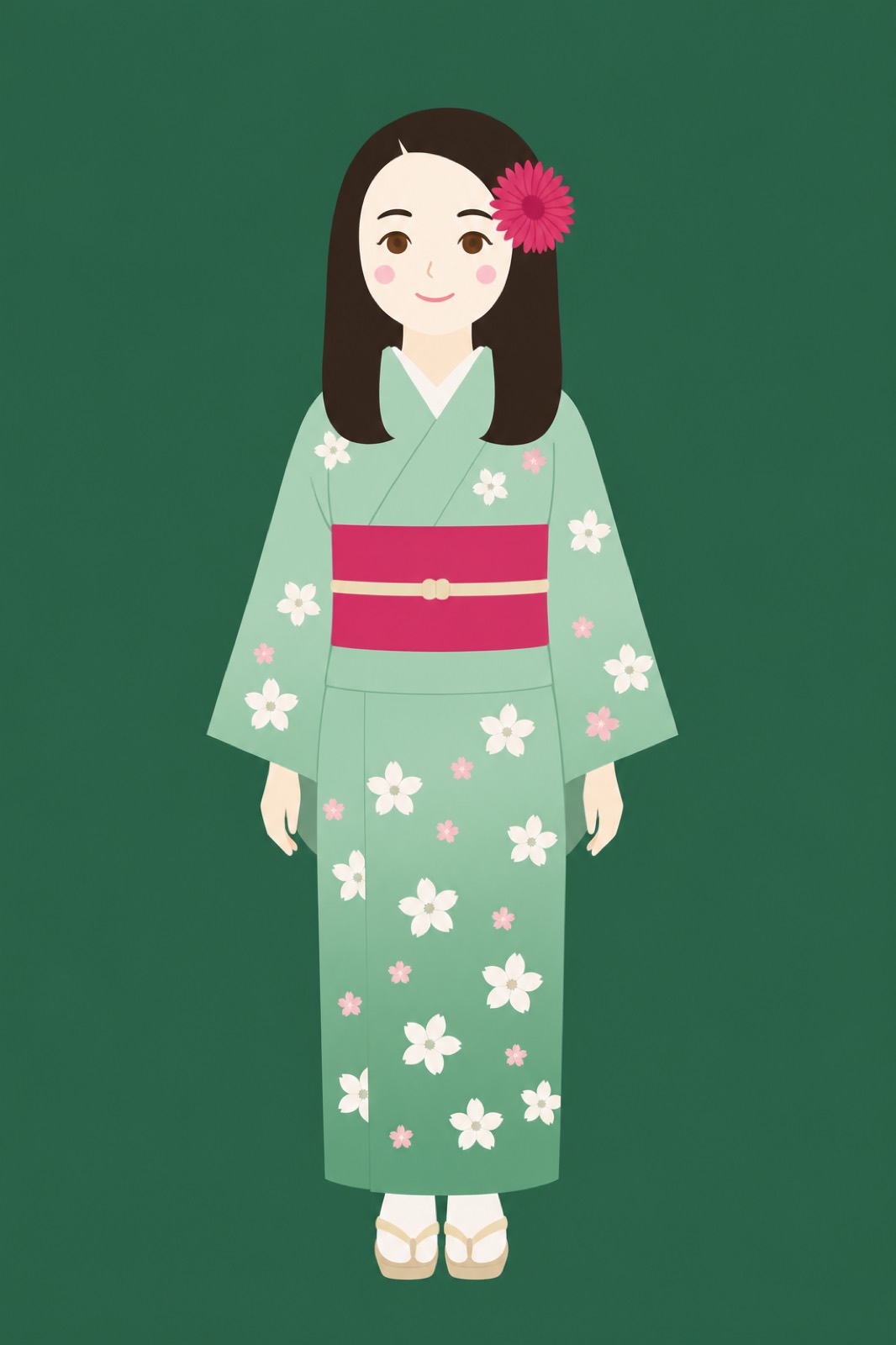 深緑の地に、まっすぐ正面を向いて立つ緑の着物の女性の全身のイラスト