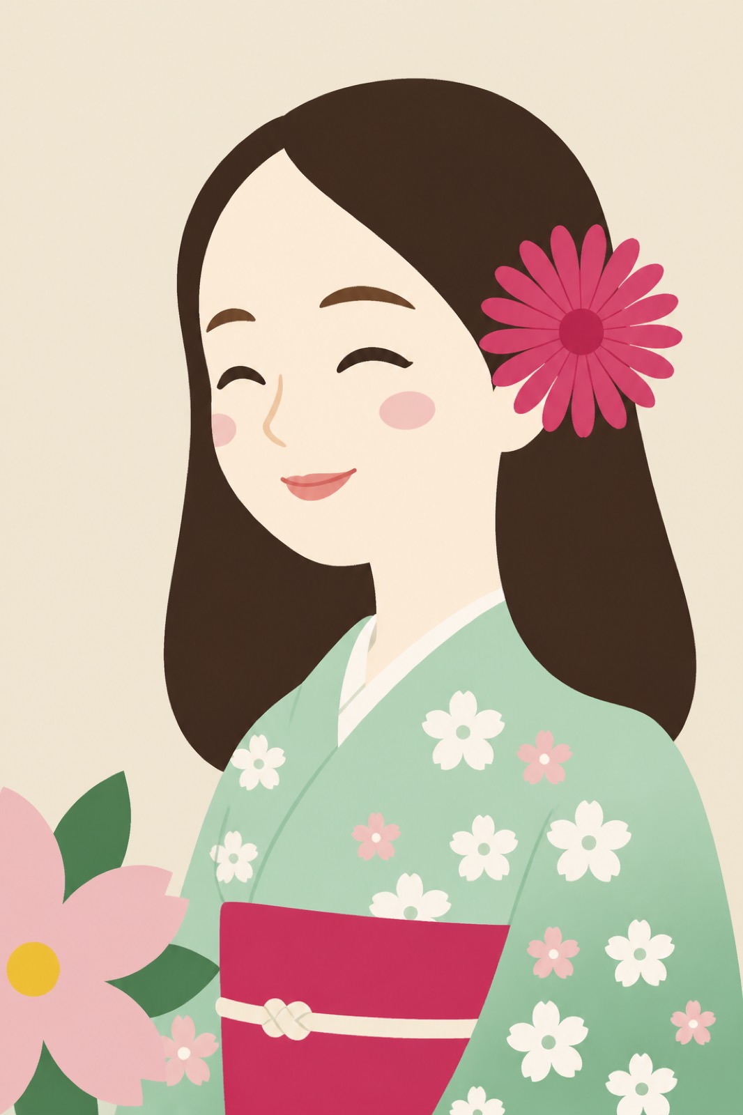淡い桃色の花を添えて、穏やかに微笑む緑の着物の女性のイラスト