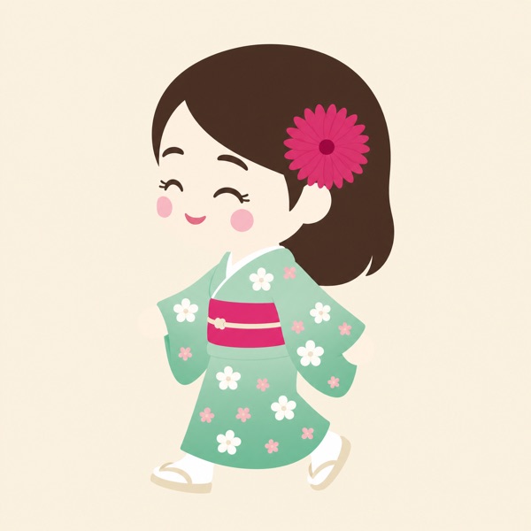 一歩前に足を踏み出した、緑の着物の女性のイラスト