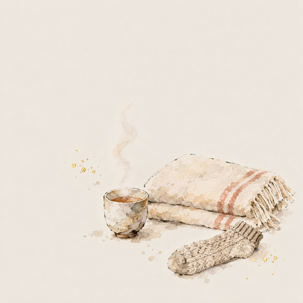 湯気の立つ湯のみと、たたんだひざ掛け、毛糸の靴下